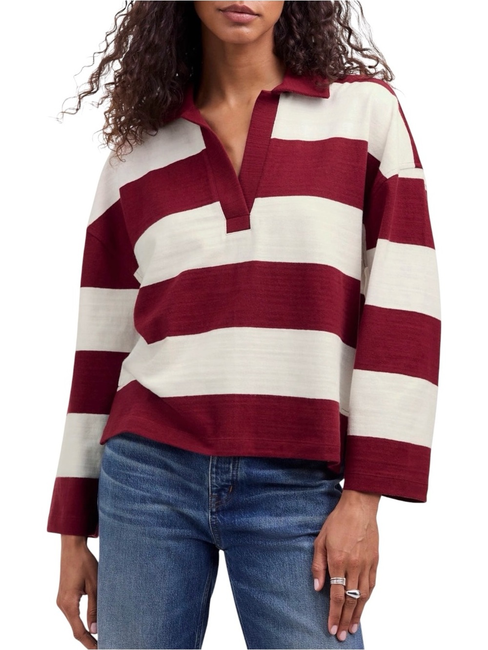 Madewell Women’s Casual Cotton Striped Rugby Shirt Top XL Maroon